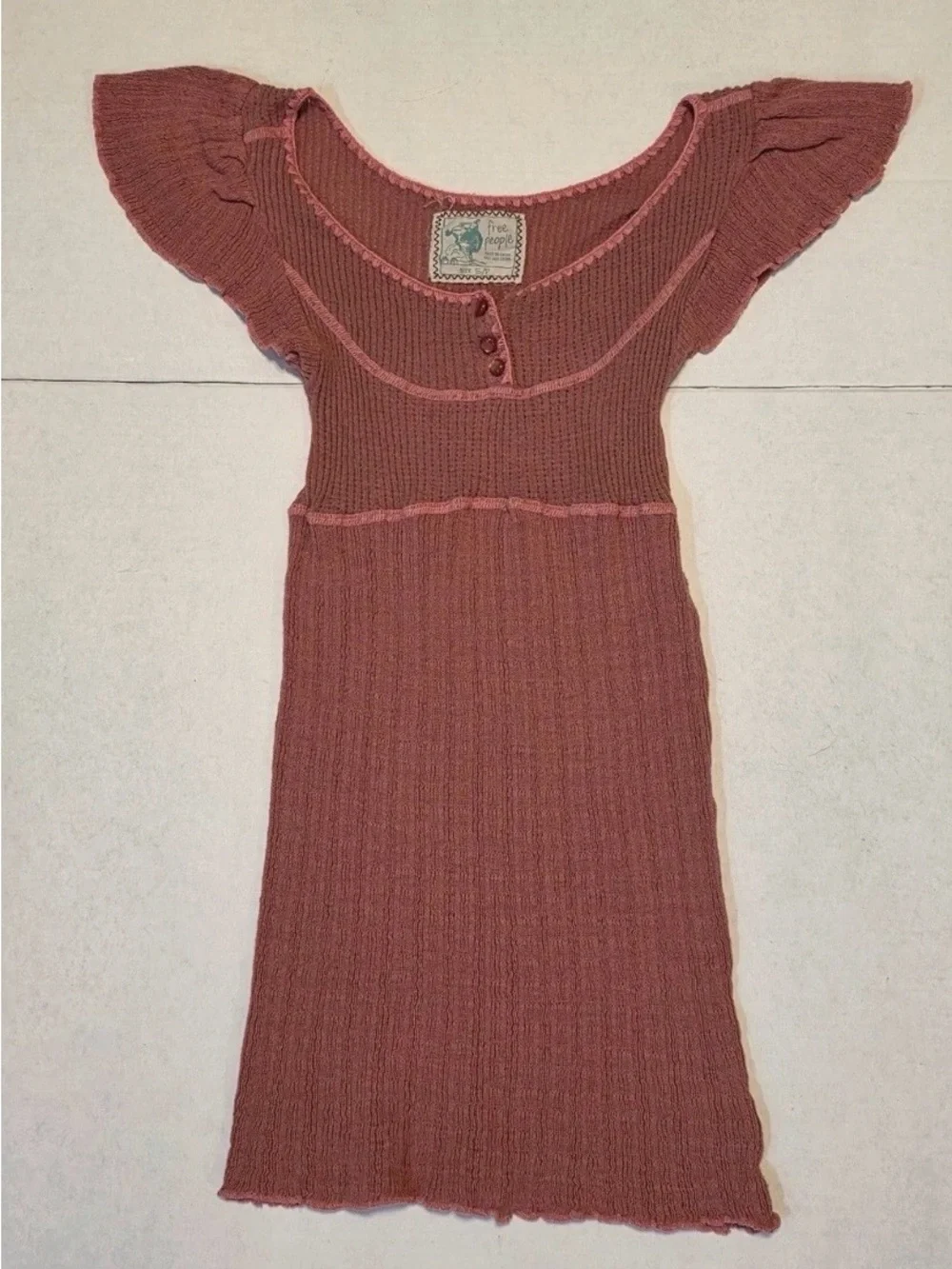 Vintage Free People Dusty Rose Ribbed Knit Top with Flutter Sleeves